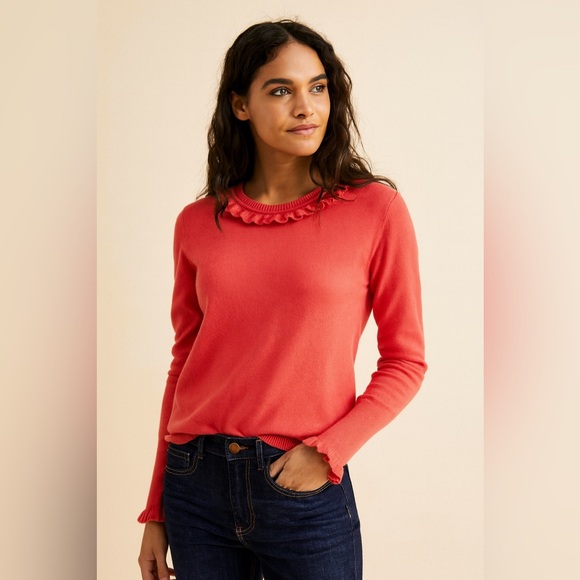 Boden Coral Ruffle Trim Wool Cotton Blend Sweater Women's Size 10
